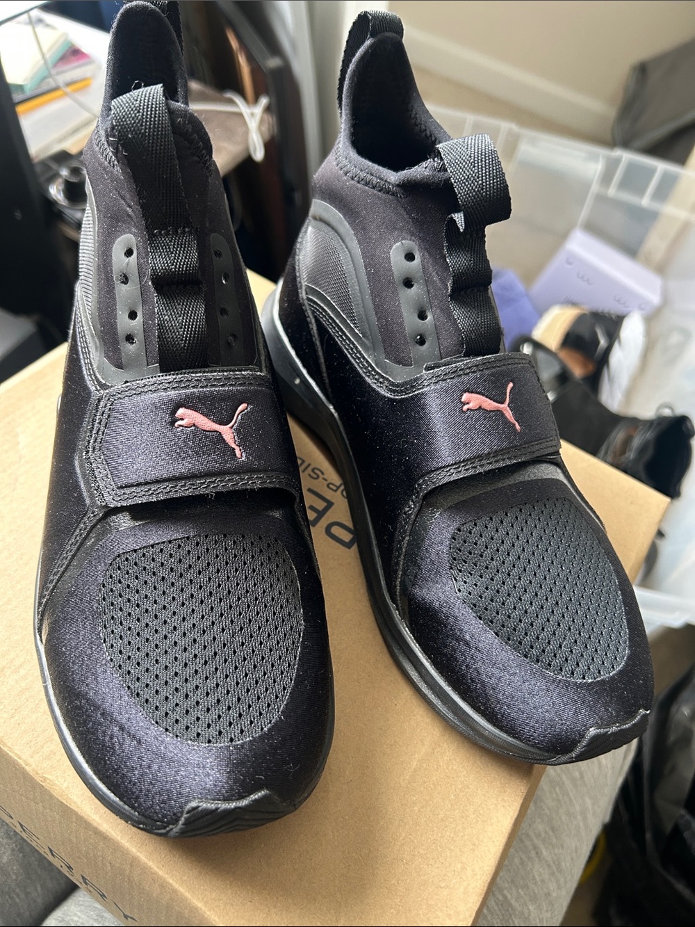 Puma Black Slip-On Sneakers with Pink Logo